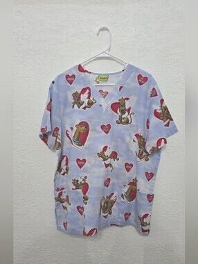 Scooby Doo Womans Lavender Valentine Print Scrub Top Heart Angel Wings